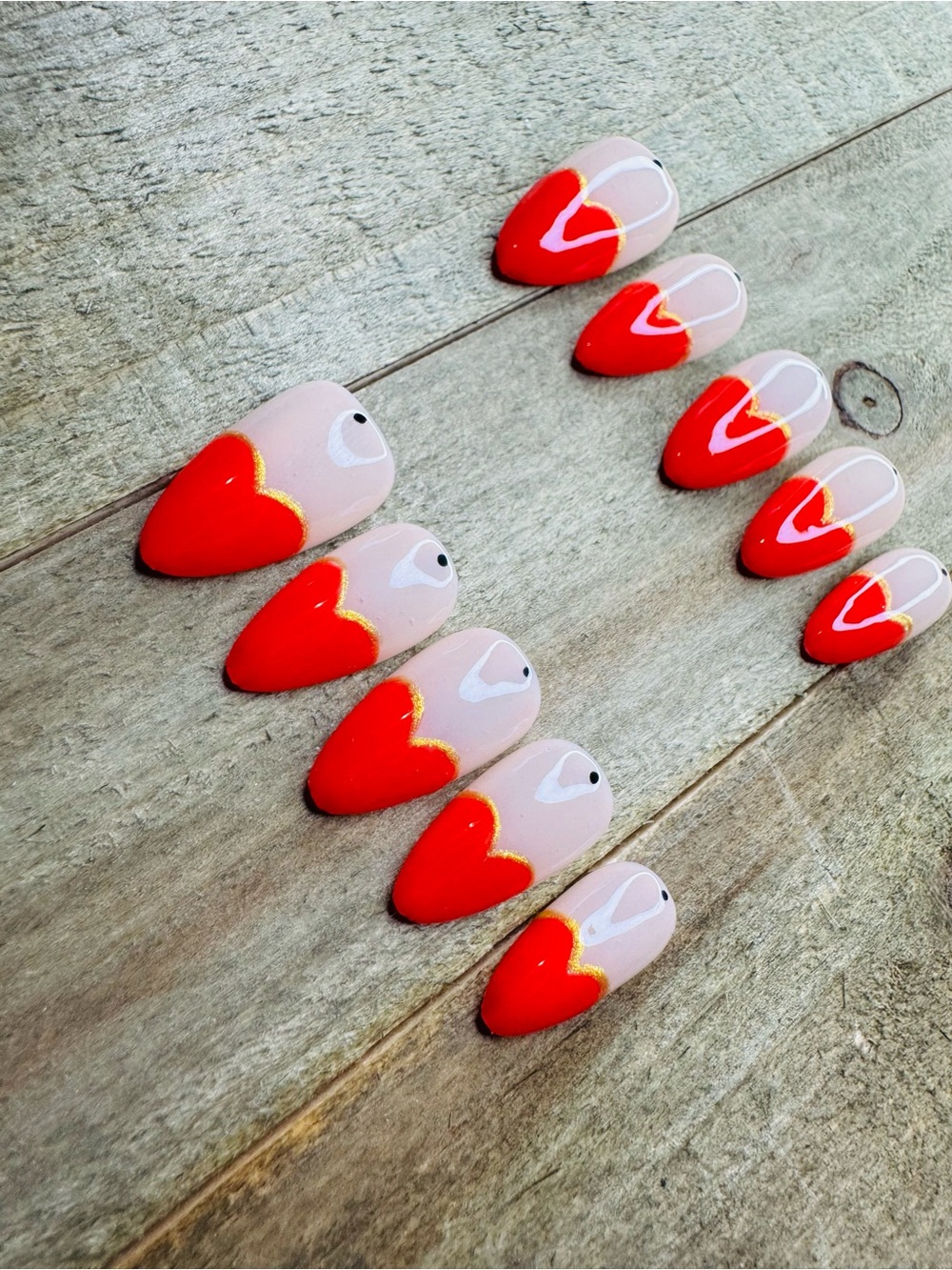 Handmade Red Heart French Tip Press On Nails Size Large + Nail Kit NEW